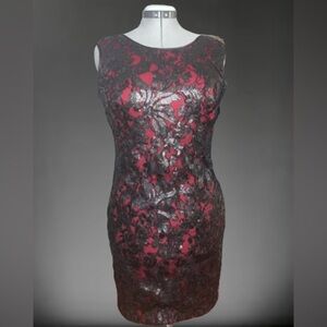 Cache’Black/red lace/sequined cocktail dress Sz 10